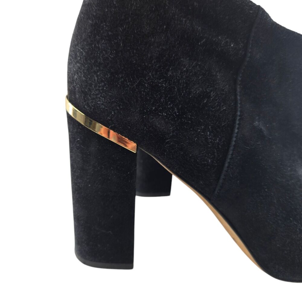 Kate Spade Ankle Boots Womens 8.5‎ Darota Black Suede Heeled Gold Tone Details - Picture 3 of 10